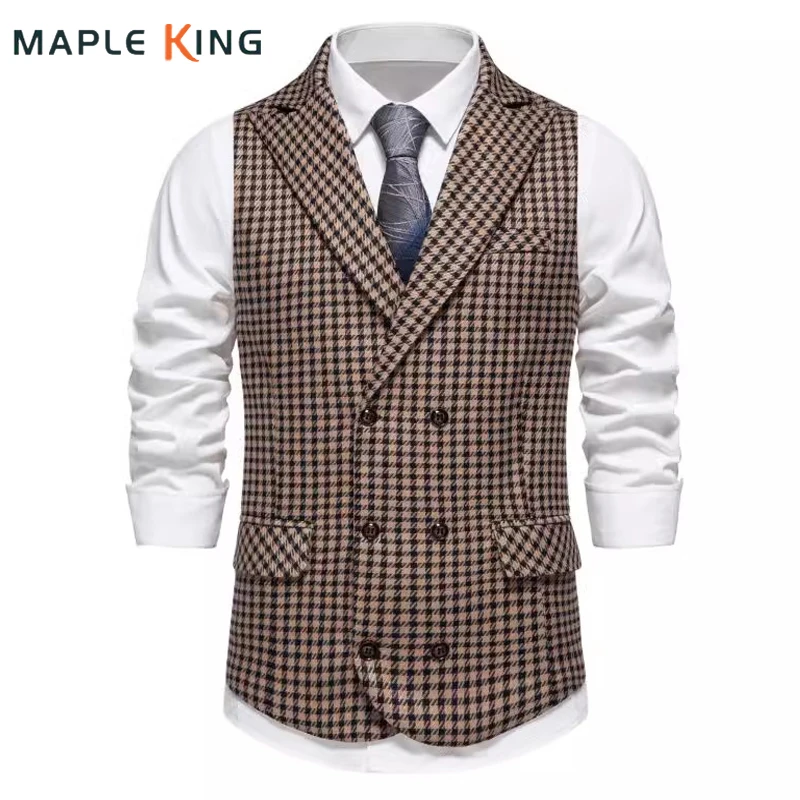 Double Breasted Mens Plaid Vest Classi Waistcoat for Groomsmen Wedding Business Colete Casual Masculino Men Seampunk Suit Vest