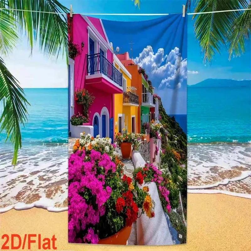 Mediterranean Colorful Coastal Town Scenery Print Beach Towel Quick Dry Towel For Beach Vacation Outdoor Travel