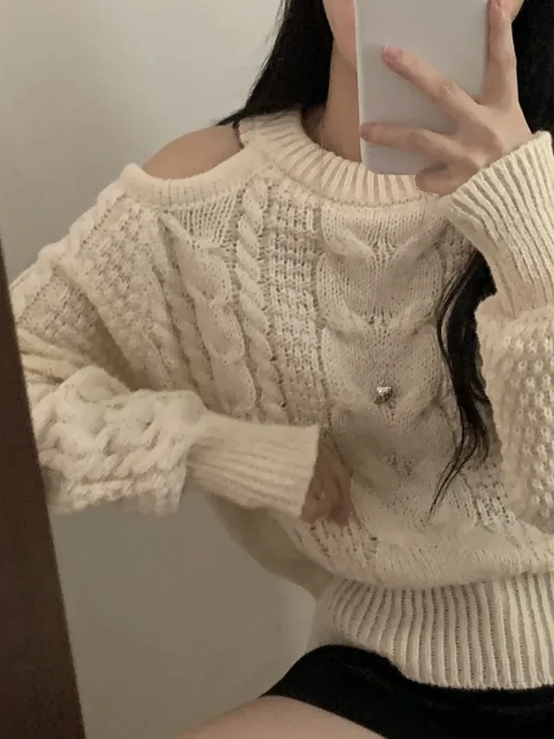 Maglione lavorato a maglia da donna coreano Sle Or Long Sve Pure Color Loose Fit oulder Bared Twist Design Autunno Inverno Top