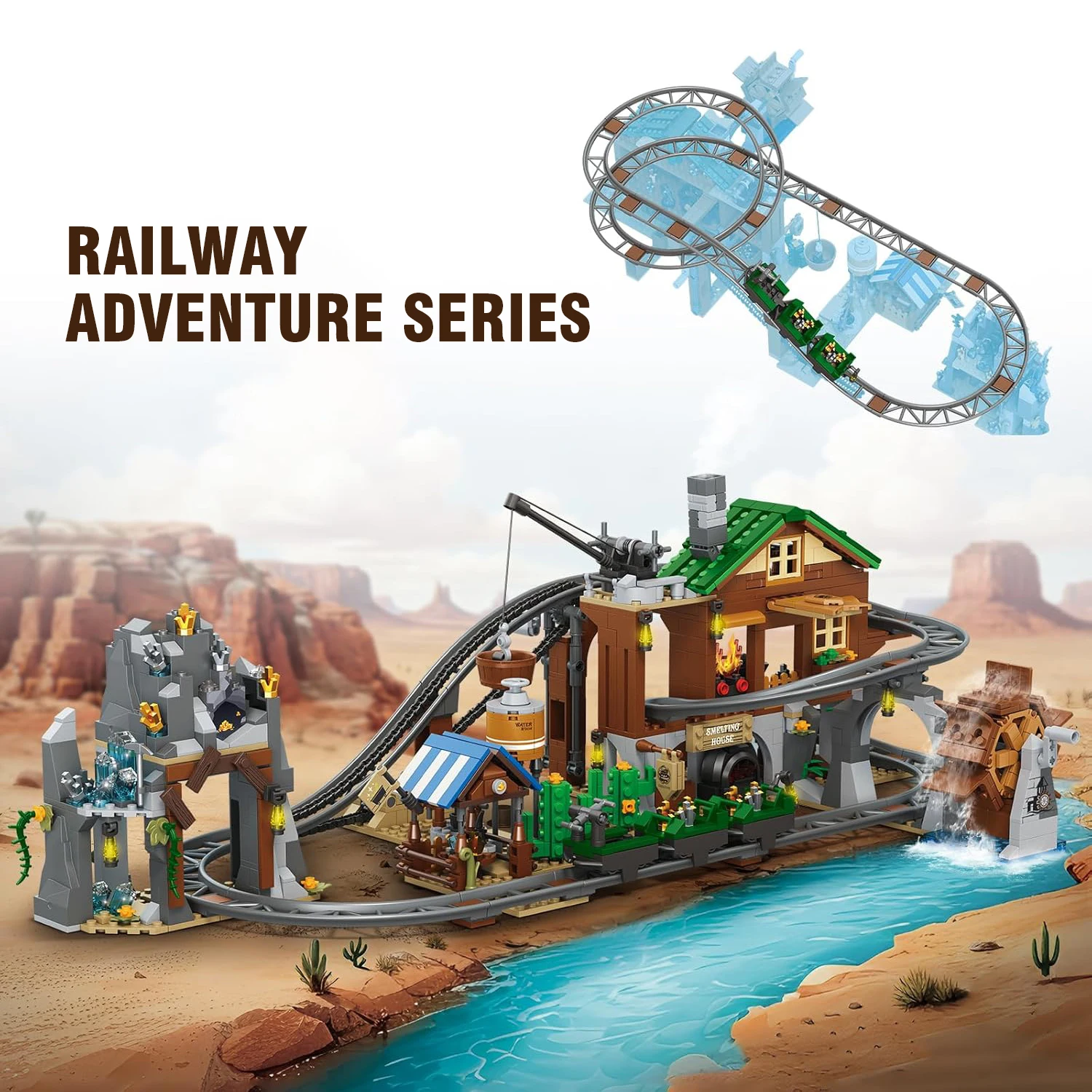 Railway Adventure Mine Train Roller Coaster Building Block Set Interactive Loop Track Working Winch & Water Wheel Assembly Model