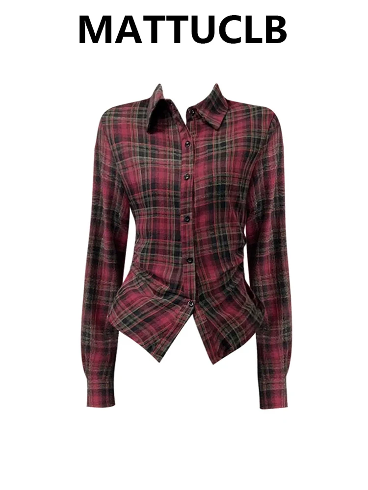 

Spring Women American Retro Plaid Shirt Blouse Long Sleeve Tops Harajuku Korean Fashion Abi Y2k High Street 2000s Aesthetic New