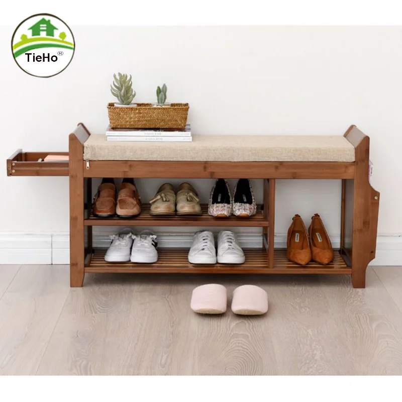 TieHo-Bamboo Shoe Stool with Drawer, Entry Doorway Stool, Hallway Shoe Ottoman, Large Capacity Shoes Bench, Home Furniture