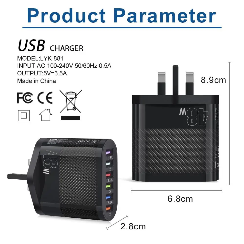 USB Type C Wall Charger 48W 6-Port Fast Charging Block Adapter Plug Compatible For IPhone Android Tablet PC Mobile Phone