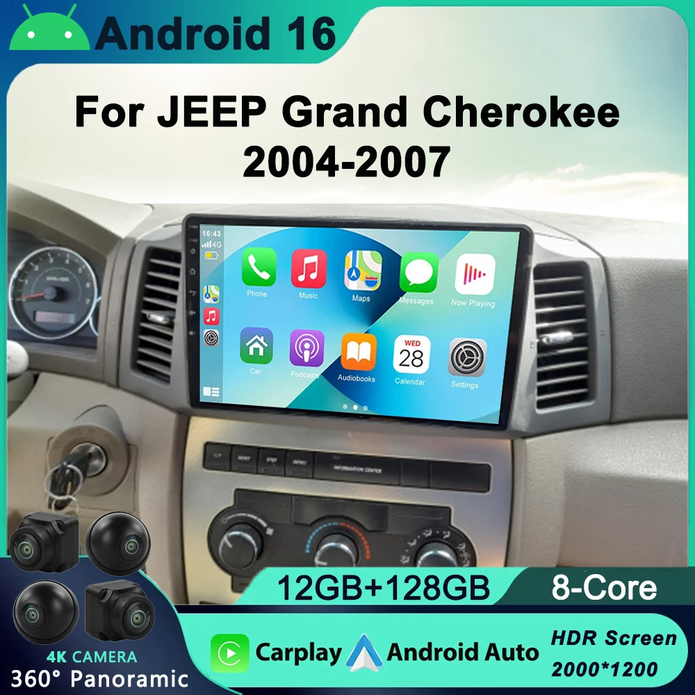 

Android 16 For JEEP Grand Cherokee 2004-2007 LHD Car Radio 4G WIFI Video Player Carplay Auto GPS Navigation No DVD