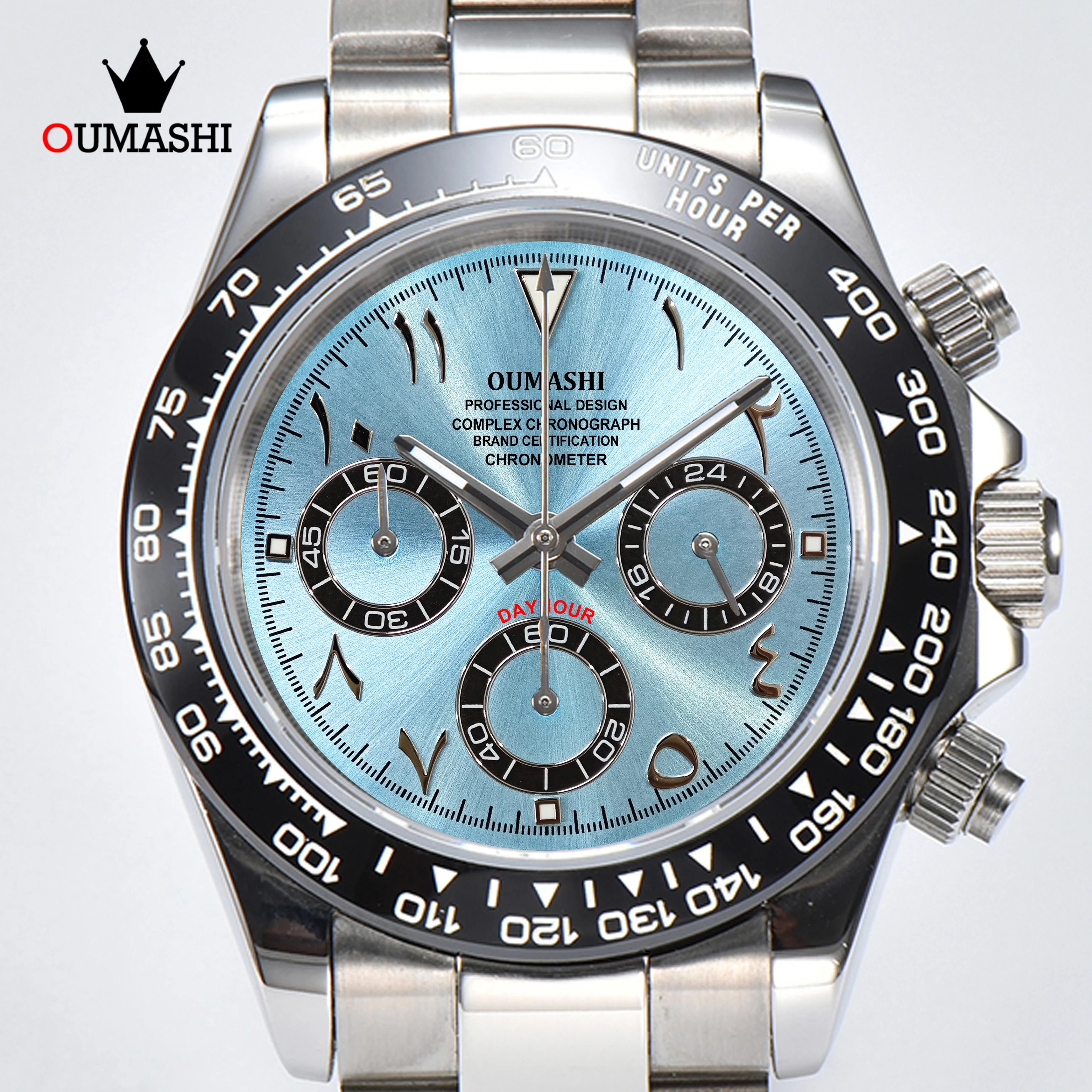 OUMASHI 42mm Arabic Index Men’s Sports Watch Chronograph Function VK63 Quartz Movement C3 Luminous Sapphire Glass Waterproof