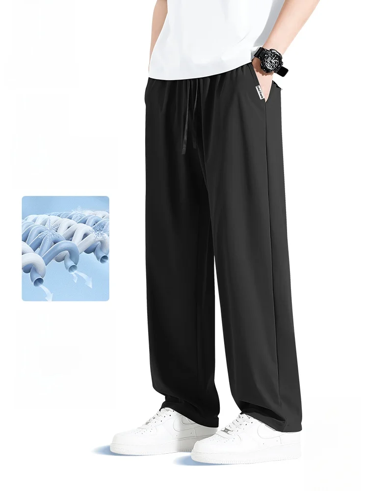 

Ice Silk Men's Casual Pants Summer Cool Sensation Breathable Straight Leg Nine Point Dungarees Loose Fit Daily Wear