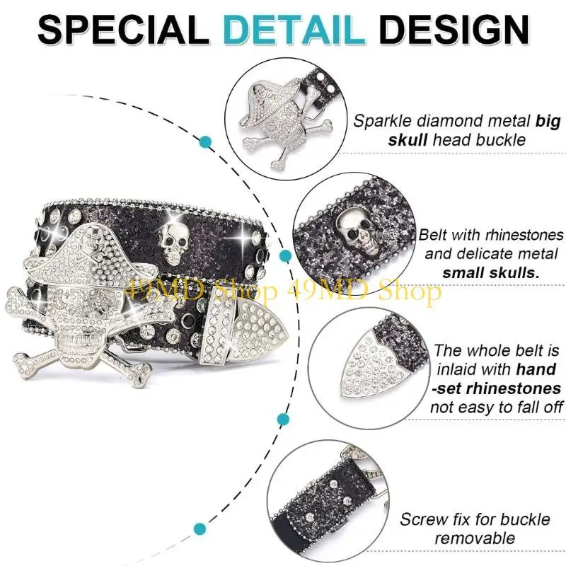 

49MD Ремень с пряжкой в ​​виде черепа для женщин и мужчин со стразами, заклепками и блестками, ремень в стиле хип-хоп для на