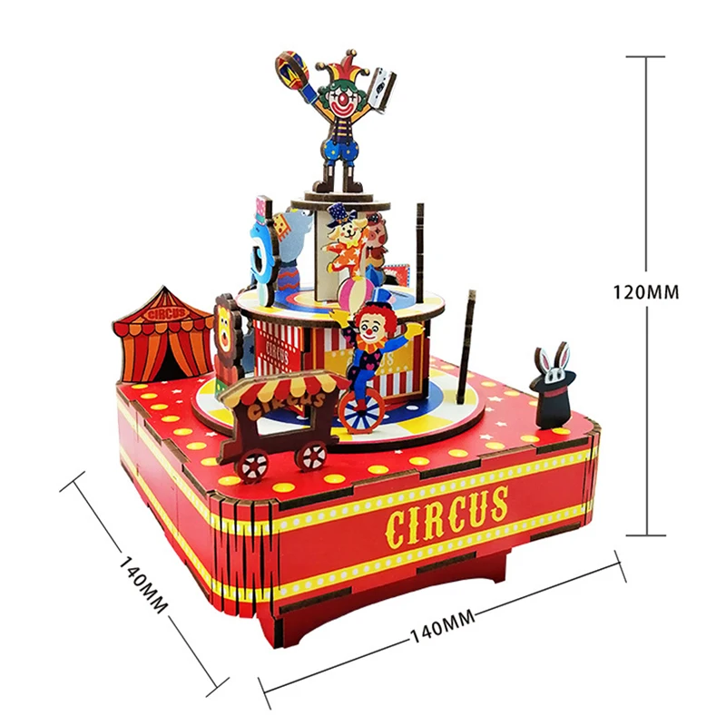 DIY Circus Music Box Wooden Model Building Kits 3D Jigsaw Puzzles Assembly Toys for Children Birthday Gifts Home Decoration