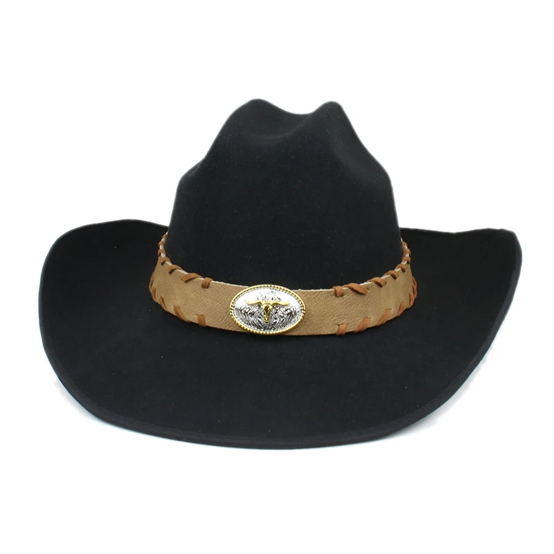 

Retro Classic Big Ox Head Leather Band Autumn Winter Warm Women Men Felt Yellowstone Cap Cowboy Hat 56-59cm Adjust