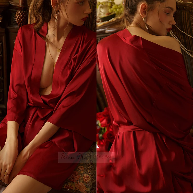 Burgundy Bride Bridesmaid Wedding Robe Sexy Female Kimono Bathrobe Gown Nightdress Summer New Loose Satin Home Wear Nightgown