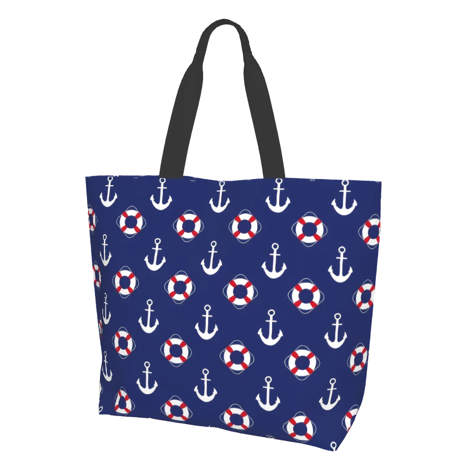 

Blue Nautical Anchor Life Buoy Cute Ring Canvas Tote Bag for Women Weekend Kitchen Grocery Bags Bulk Large Casual