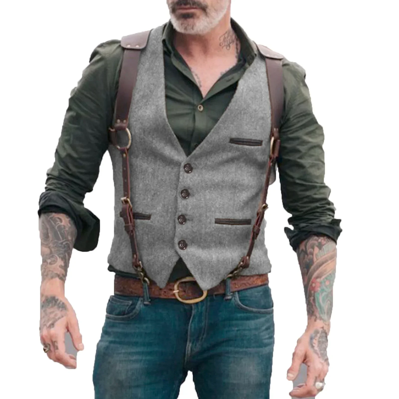 New Men's Business Suit Vests Solid V-Neck Formal Dress Vests Multi Pockets Casual Slim Sleeveless Jacket for Groosmen Wedding