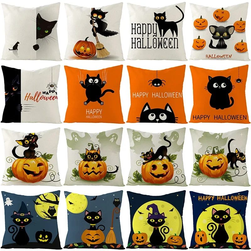

Halloween Decorative Cushion Cover Cartoon Black Cat Pumpkin Moon Printing Throw Pillowcase Mischief Linen Pillow Cover