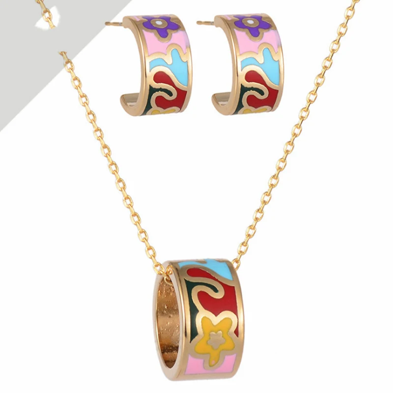 Zlxgirl jewelry Small Colorful Enamel Stainless Steel necklace Earring jewelry sets Fine Women wedding Bridal jewelry sets