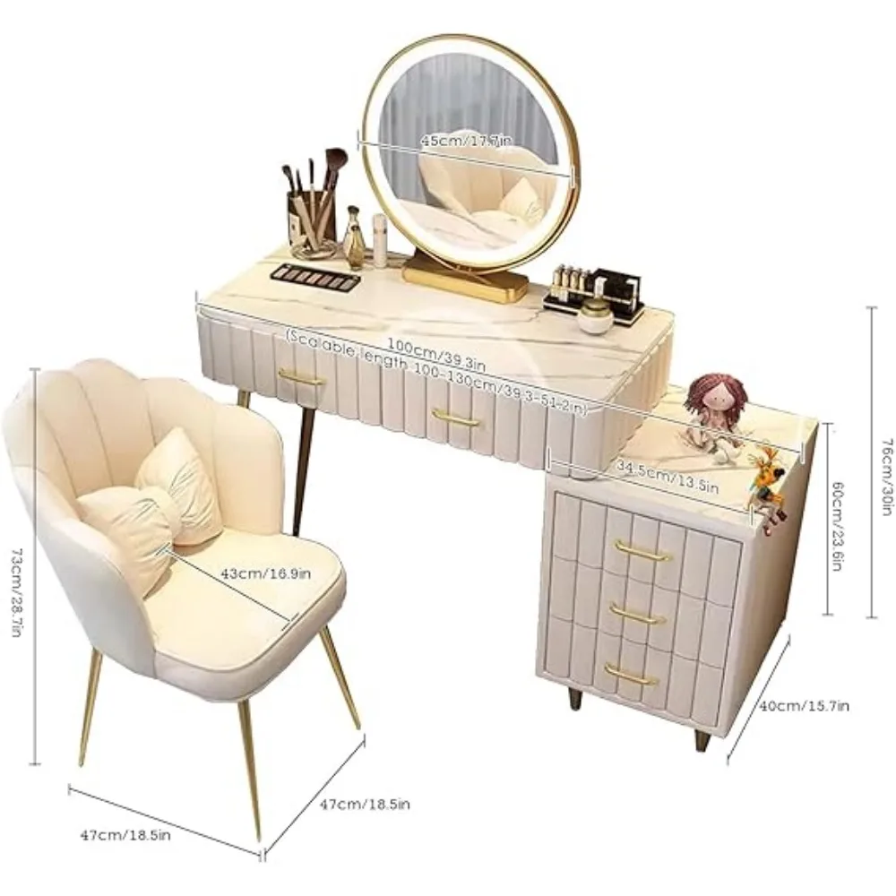 Vanity Desk, with 5 Storage Drawers, Stool and Organizers, Dressing Table with 3 Color Lighting Options, Vanity Desk Set