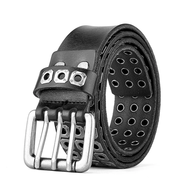 Heavy Duty Punk Rivet Belt Three-needle Buckle Genuine Leather Pants Belt Fashion Rock Style Adjustable Waist Strap Jeans Belt