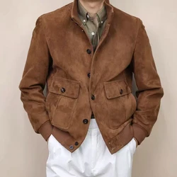 Classic Pilot Leather Jacket For Men 2025 100% Kid Suede Coat Male Camel Stand Collar Threaded Cuffs Chaquetas Hombre Streetwear