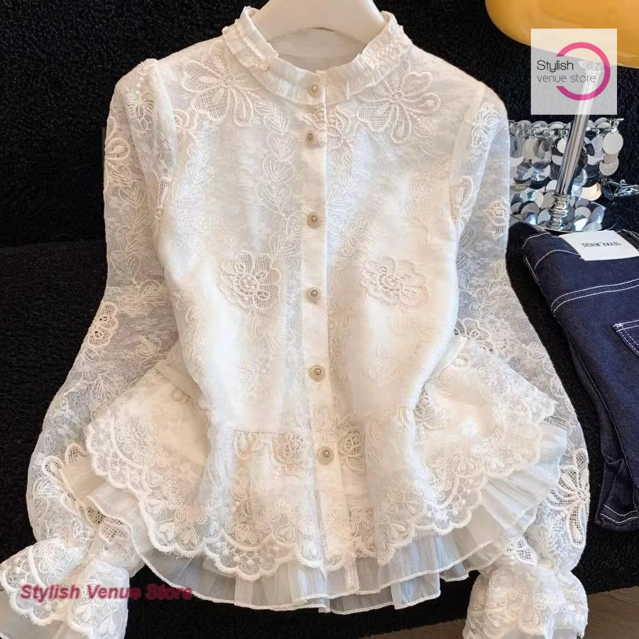 

French Palace Style Lace Embroidered Shirt Flower Female Spring and Autumn New Fashion Temperament Leisure Long Sleeve Shirt