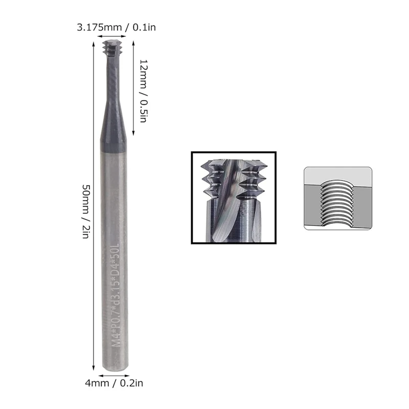 Y17A Thread Milling Cutter 3 Tooth Metric 60° Tungsten Steel CNC M4x0.7Xd4x50 Cutting Tools, Helical Flute Thread Mills