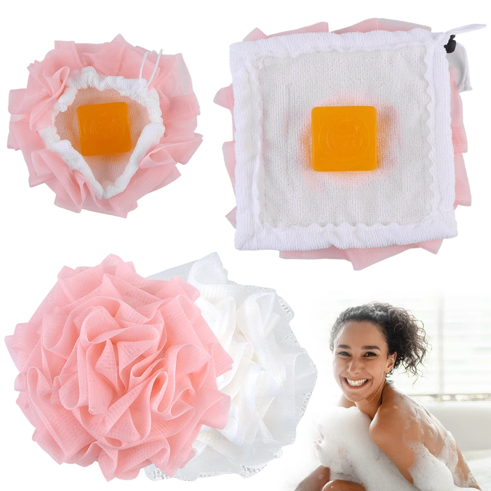 2-In-1 Shower Loofah with Drawstring Bath Loofah Shower Washcloth Set Body Scrubber for Women and Men