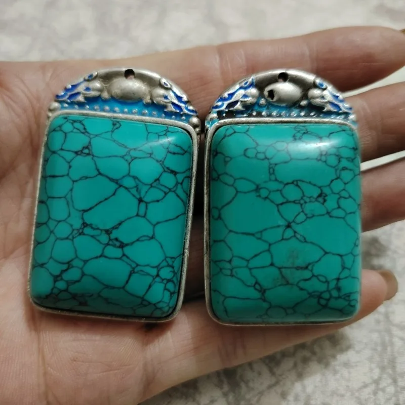 Vintage Collected Old Silver Dragon Phoenix Pendant, Turquoise Inlaid Plain Peace Plaque Retro Ethnic Necklace Jewelry