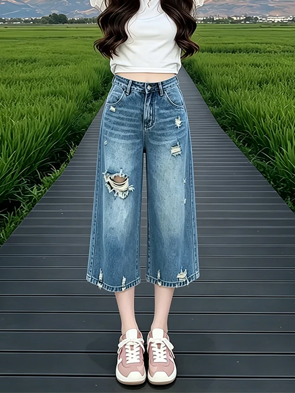 

Retro Blue Hole Wide Leg Pants Women Summer New Loose Slim Small Size Eight Straight Tube Jeans Natural Waist Zipper Closure