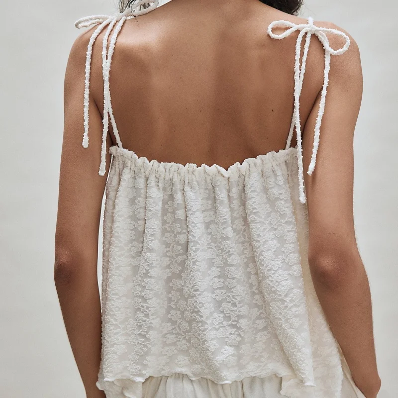 Women Summer Women Chic Vintage Lace Textured Tank Tops Boho Tie Up Shoulder Straps Flowy Crop Cami Tops Going Out Tops