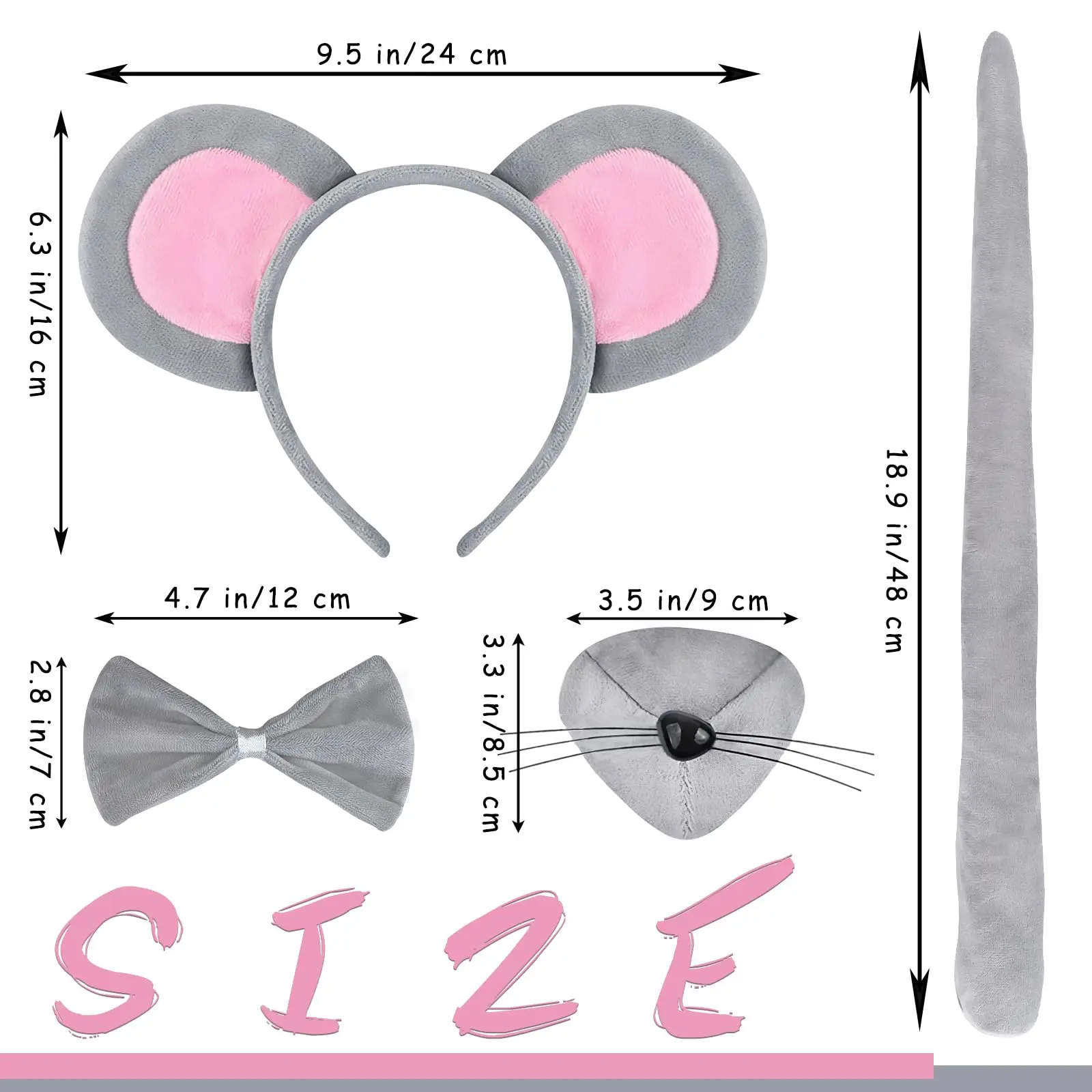 Mouse Costume Accessory Set,Rat Costume Set,Mouse Costume Set Includes Ear Headband,Tail,Nose,Bow Tie for Halloween