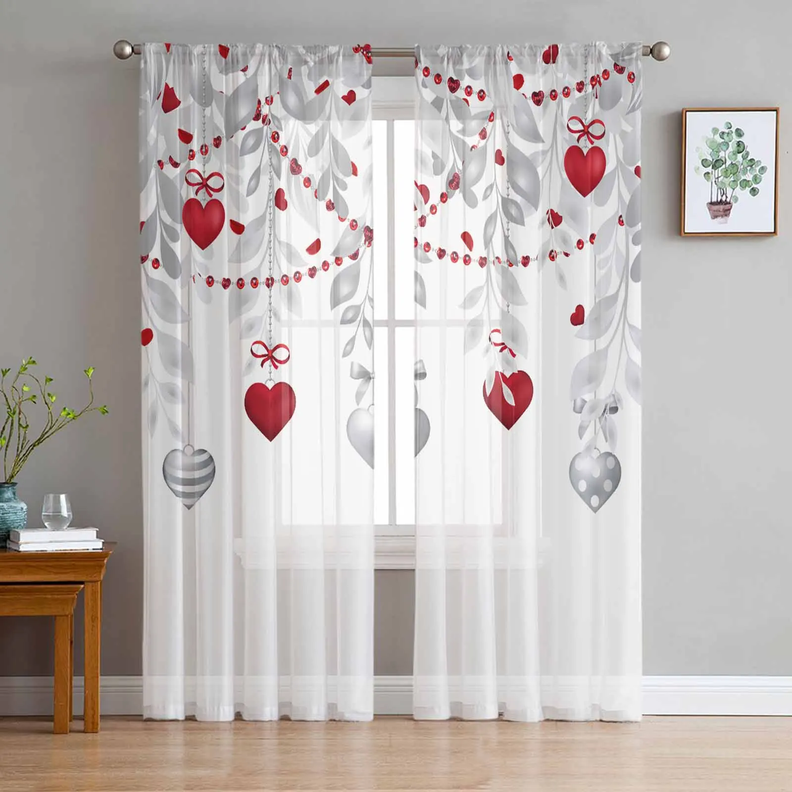 Valentines Hearts Eucalyptus Leaves Tulle Curtains for Living Room Sheer Curtain for Bedroom Kitchen Blinds Voile Curtains