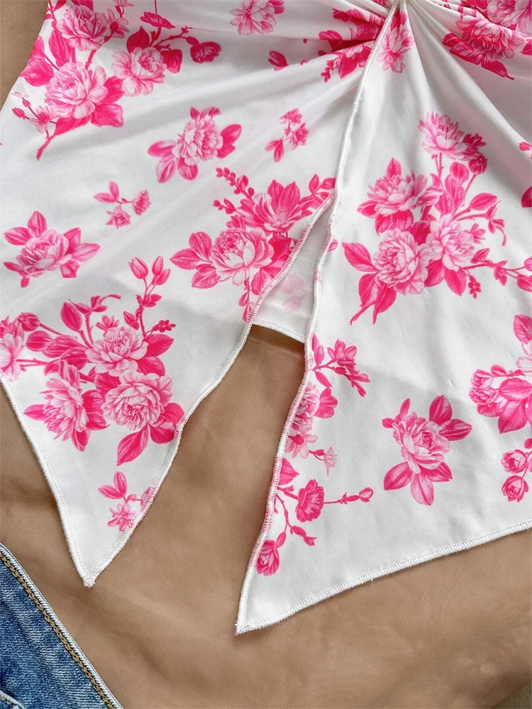 الأزهار طباعة تويست عقدة المحاصيل الأعلى للنساء الصيف مثير قبالة الكتف Ruched صديرية دائرية تانك القمم الشارع الشهير Y2K الملابس #3