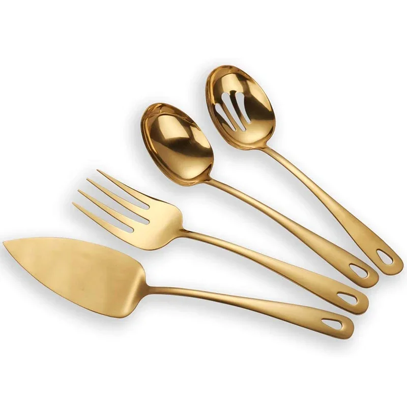 4-Piece Stainless Steel Titanium Plated Flatware Serving Set - Cake Server Meat Fork Pierced Serving Spoon Golden/Silver