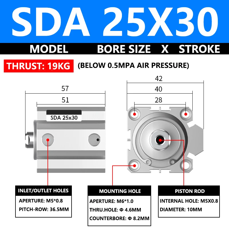 

ABILKEEN SDA25X30 Серия SDA Тонкий воздушный цилиндр 25 мм с внутренней резьбой Диаметр X 30 мм Ход Пневматический компактный цилиндр двойного действия