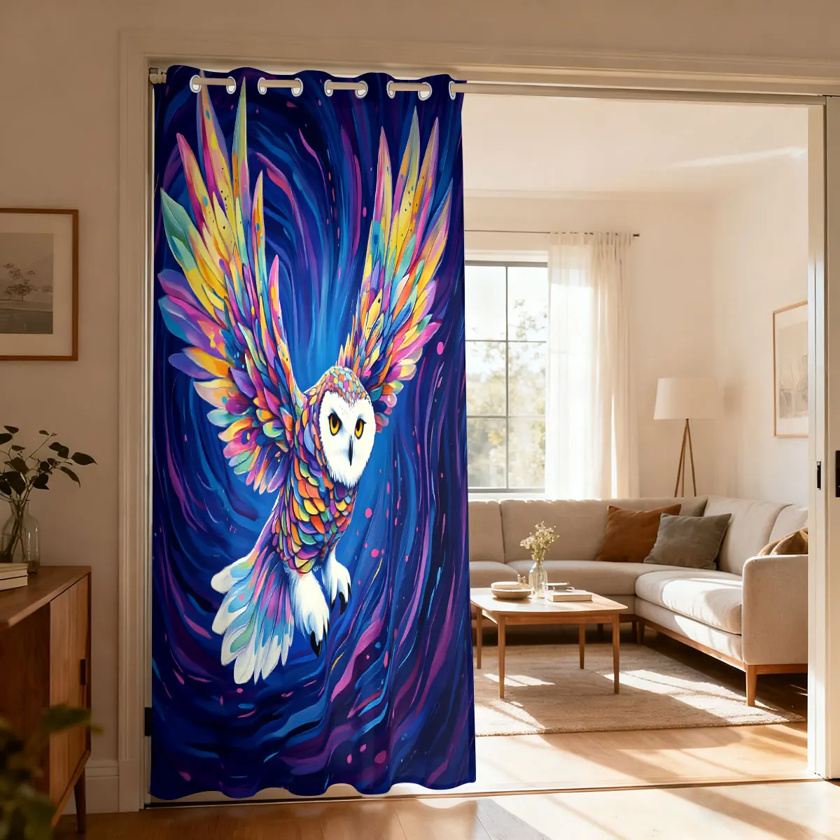 1PC Colorful Starry Sky Flying Owl Print Single Loop Curtain For Living Room Bedroom Door Window Stylish Home Decor