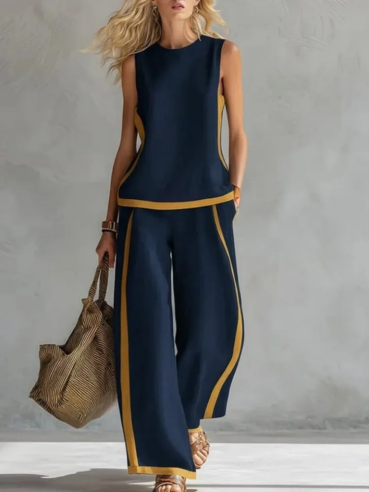 Casual Women's Color Block Two Piece Outfit, Sleeveless Top & Wide Leg Pants Set, Linen Blend Summer Loose Fit Streetwear