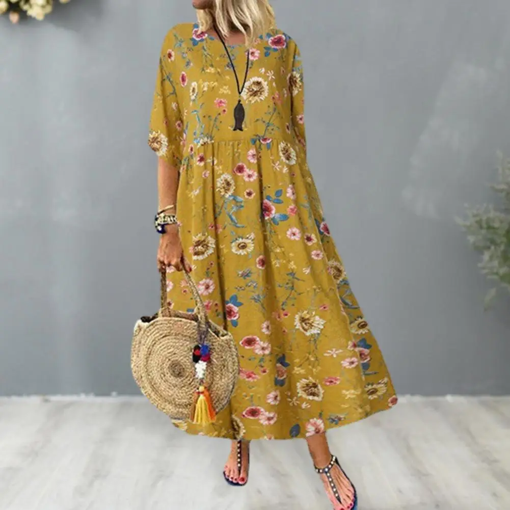 

Loose Hem Summer Dress Vintage Floral Print A-line Maxi Dress Breathable Soft Ankle Length for Women's Summer Fashion Ladies