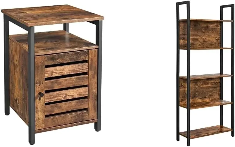 Industrial Rústico Nightstand e Bookshelf Bundle, Marrom e Preto Móveis