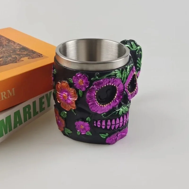 Purple Skull Flower Goblet Resin Steel Cup Creative Beer COFFEE Mug Gothic 3D Wine Glass Mugs Halloween Gift Death Day 200/400ML
