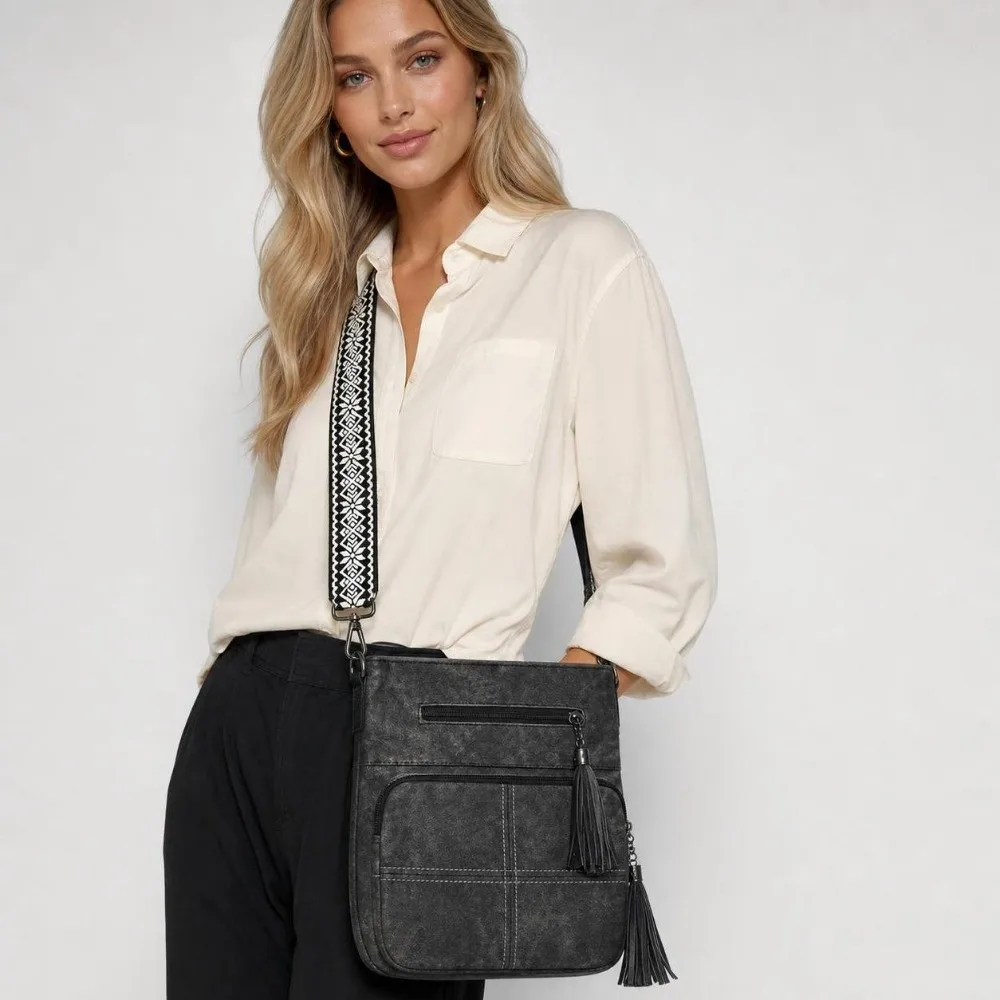 Multi-compartment Crossbody Bag Floral Strap Soft PU Leather Shoulder Bag Large Capacity Adjustable Wide Strap Women Handbag