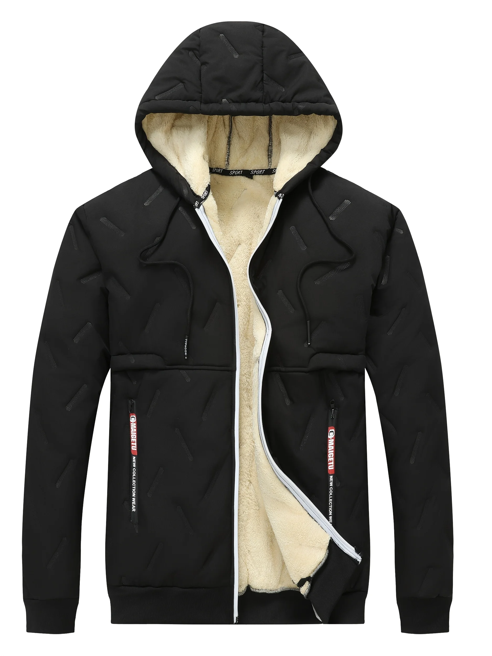 سترة صوفية سوداء بغطاء للرأس للرجال مع إغلاق بسحاب كامل وجيب بسحاب كامل الطول - معطف شتوي دافئ من البوليستر بنسبة 100%