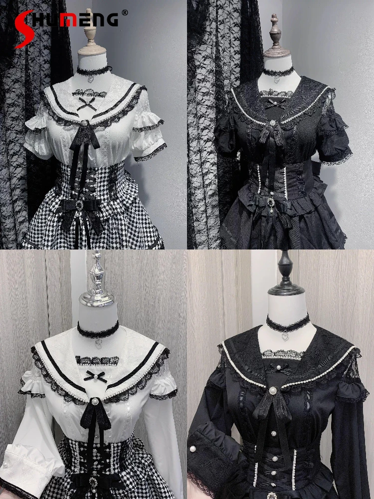 

Original Mine Mass-produced Japanese Lo Long-sleeved Shirt Woman's Sweet Cute Bow Navy Collar Lolita Subculture Blouses Skirt