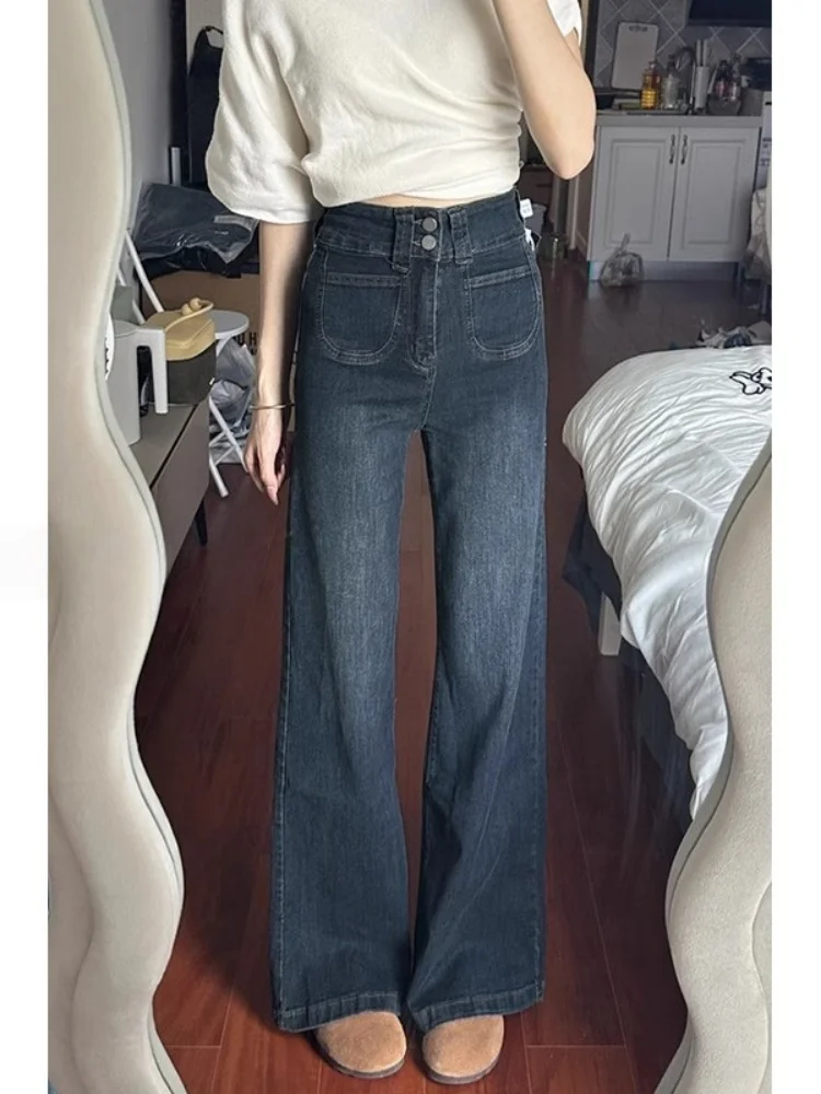الرجعية عالية الخصر واسعة الساق الجينز المرأة الخريف الشتاء Thiened Fce فضفاض مستقيم فضفاض السراويل الطويلة