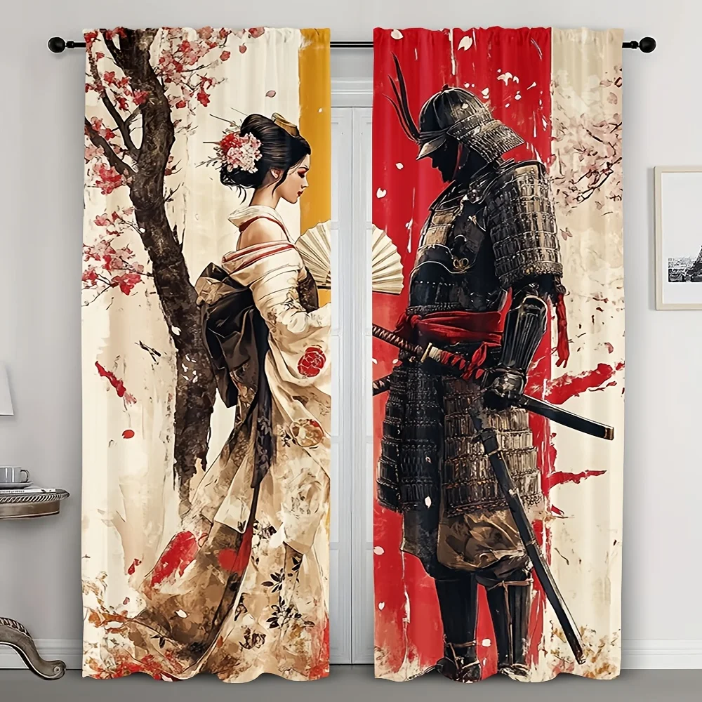 Japanese Geisha and Samurai Warrior Art Blackout Curtains Traditional Kimono and Armor Print Window Drapes for Living Room Decor
