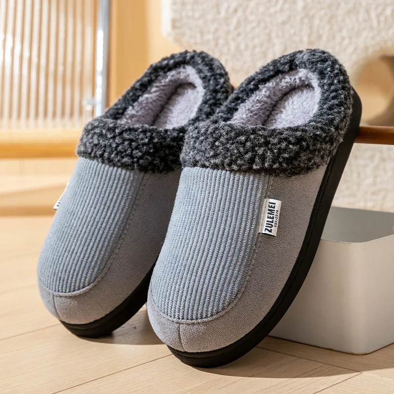 Winter Men's Slippers Memory Cotton Shoe Pad TPR Large Sole Flat Bottom anti Slip Warm and Comfortable Indoor Knitted Shoes