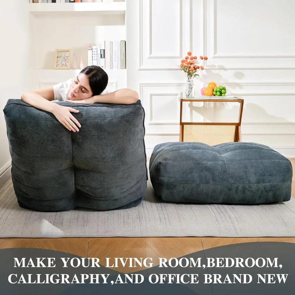 أريكة بين باج من إسفنج الذاكرة مع مسند، أريكة كسولة مريحة لغرف المعيشة وغرف النوم والشقق - أزرق رمادي #5