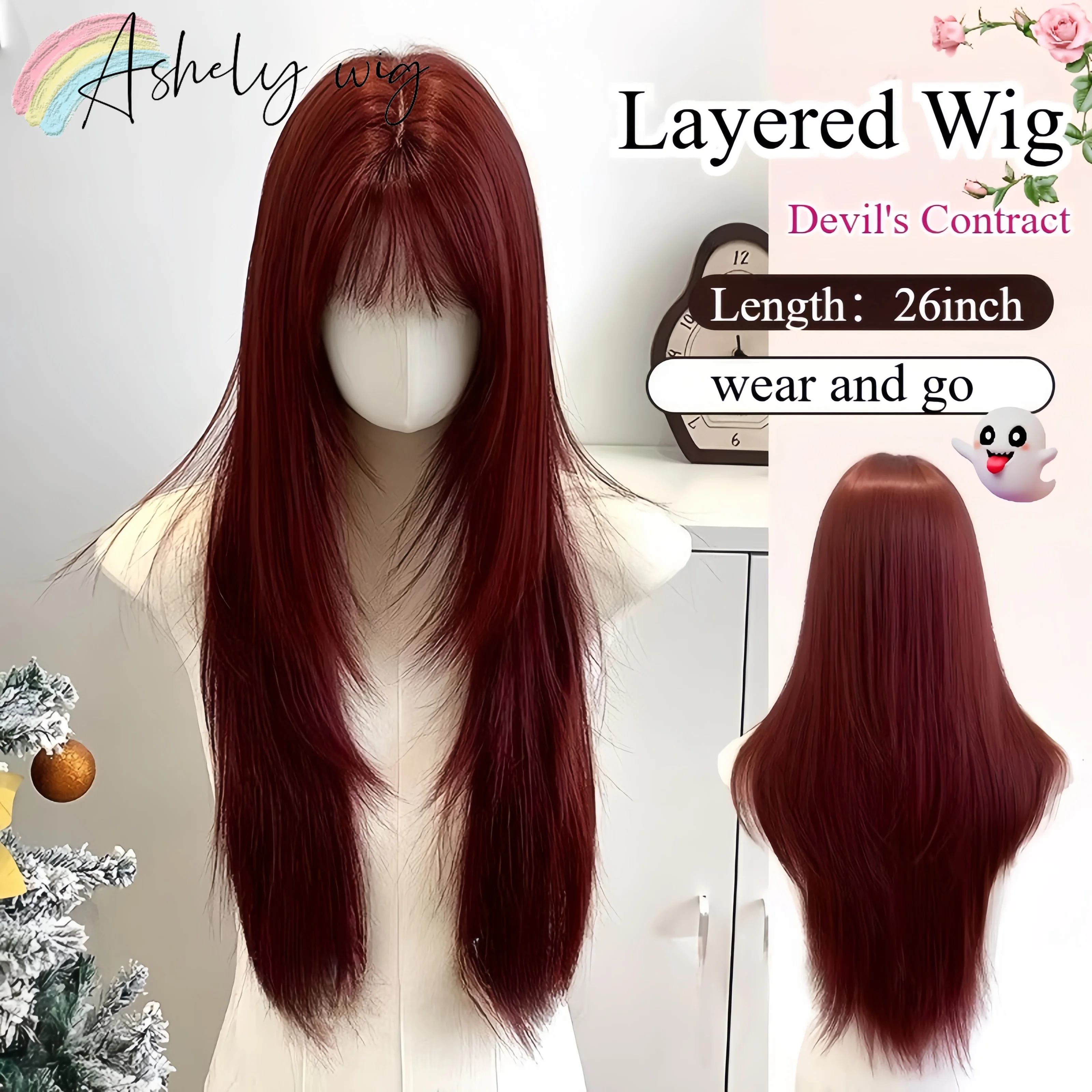 Ashely Red Wig with Bangs 26inch Layered Straight Hair Synthetic Wigs Nature Women's Wig Cosplay Wigs Ladies Carnival 가발 Парик