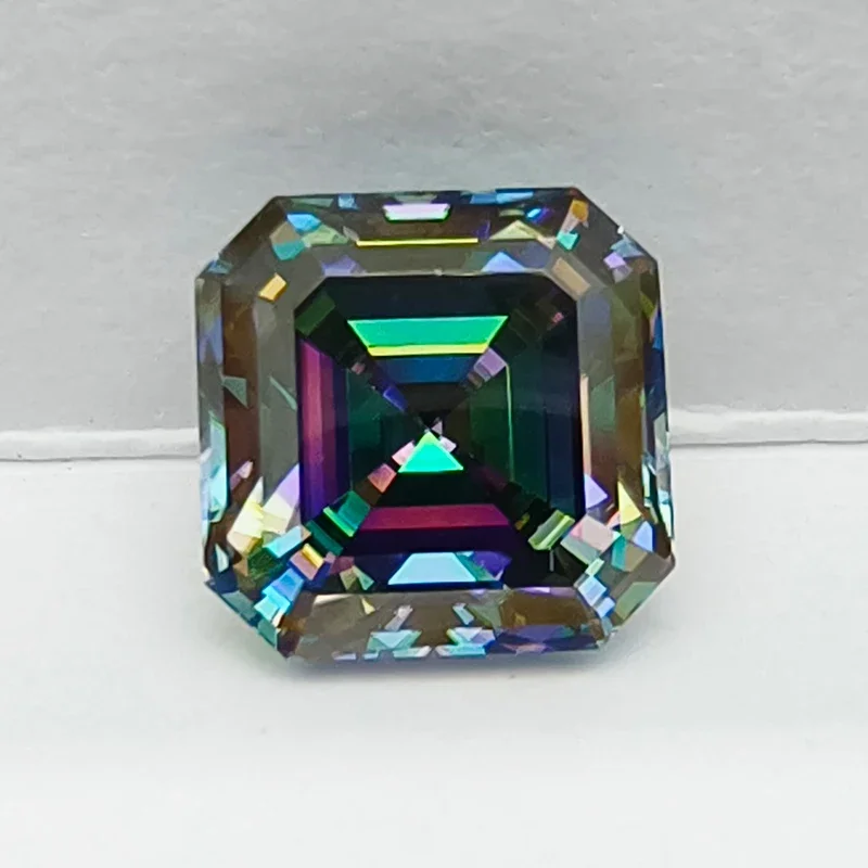 

Moissanite Stone Rainbow Green Color Asscher Cut Lab Grown Moissanite Jewelry Pass Diamond Tester with GRA Certificate