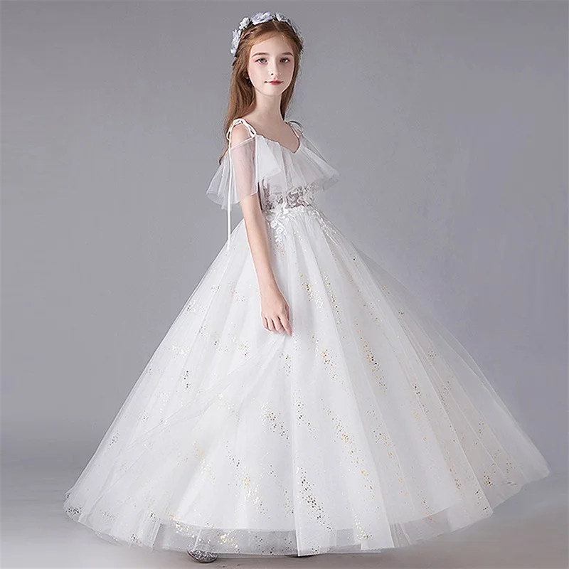 Vestidos de festa para adolescentes, Adolescentes, Bordado branco, Vestido de baile, Sling Tulle, Longo, Elegante vestido infantil