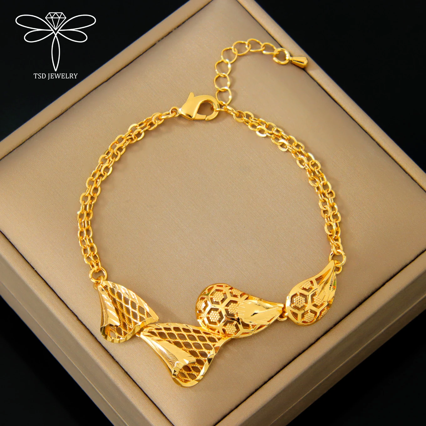 Dubai Premium vergoldetes Schmuckset, 21 Karat vergoldet, arabische Brauthalskette, Armband, Ohrringe, marokkanische Damen-Vintage-Schmuck – Detail 8