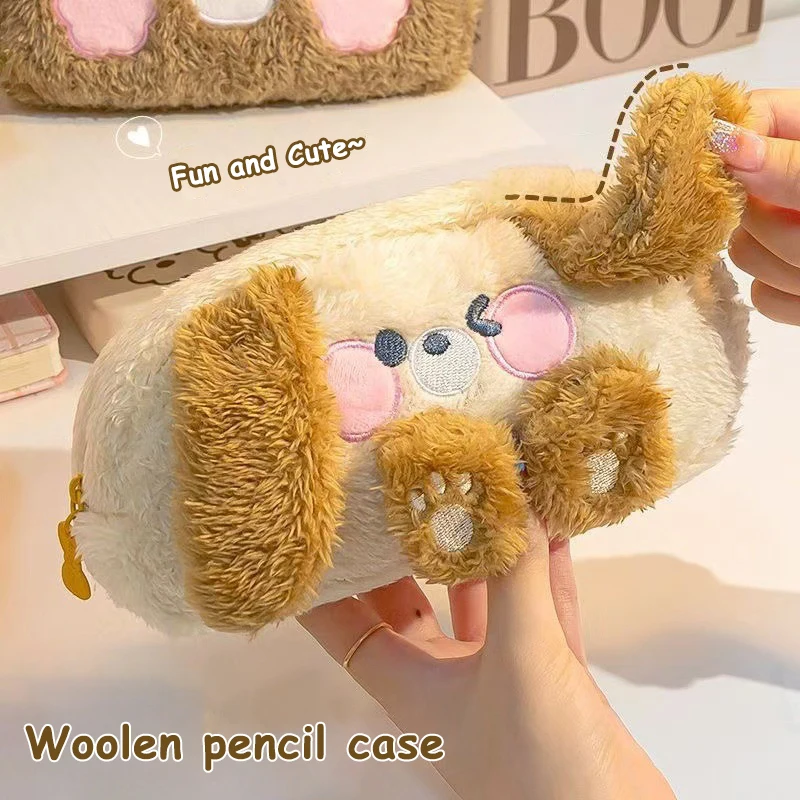 Cartoon Bear Plush Pencil Case Large Capacity Rabbit Animals Pen Bag Stationery Organizer Makeup Bag Desktop Storage