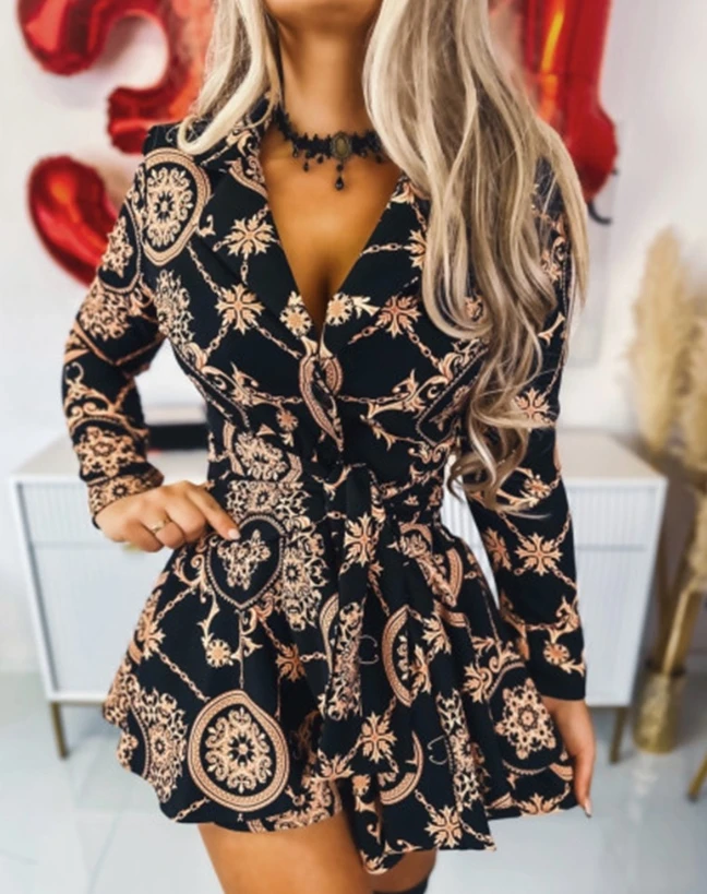 

Dresses for Women 2024 Spring New Fashion Sexy V-Neck Baroque Print Notched Collar Tie Detail Mini Dress Female Clothing